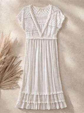 Scandal Italy coastal boho lace maxi dress white crochet resort midi small